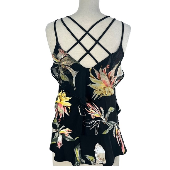 White House Black Market Steampunk Floral Ruffle Cami Top Strappy Black XS‎ - Picture 5 of 5